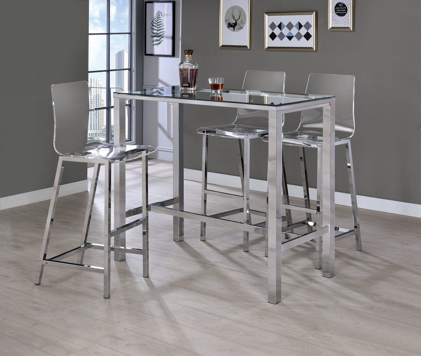 Tolbert rectangular bar table with clear glass top and chrome finish