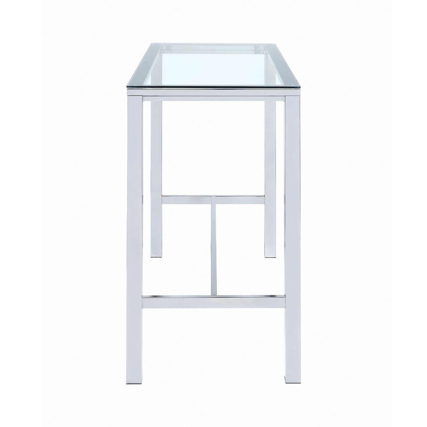 Tolbert bar table close-up of chrome frame and glass top surface