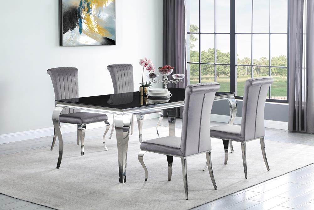 Back view of Betty velvet dining chair showing polished chrome legs