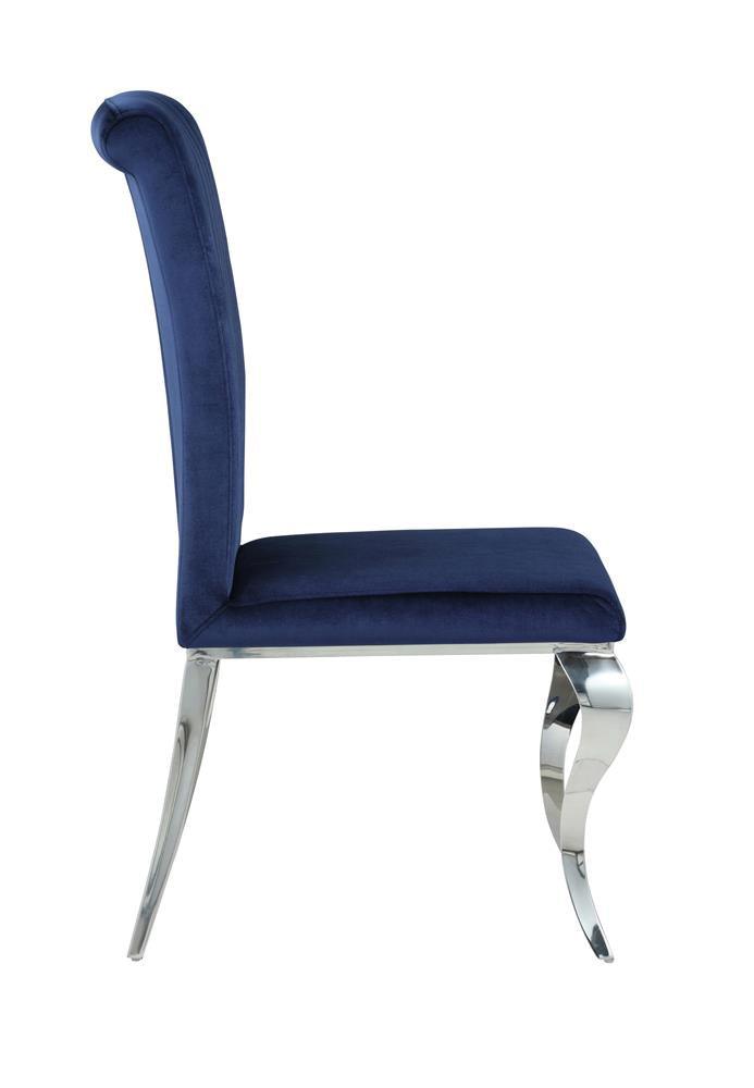 Chrome cabriole-inspired front legs with velvet seat