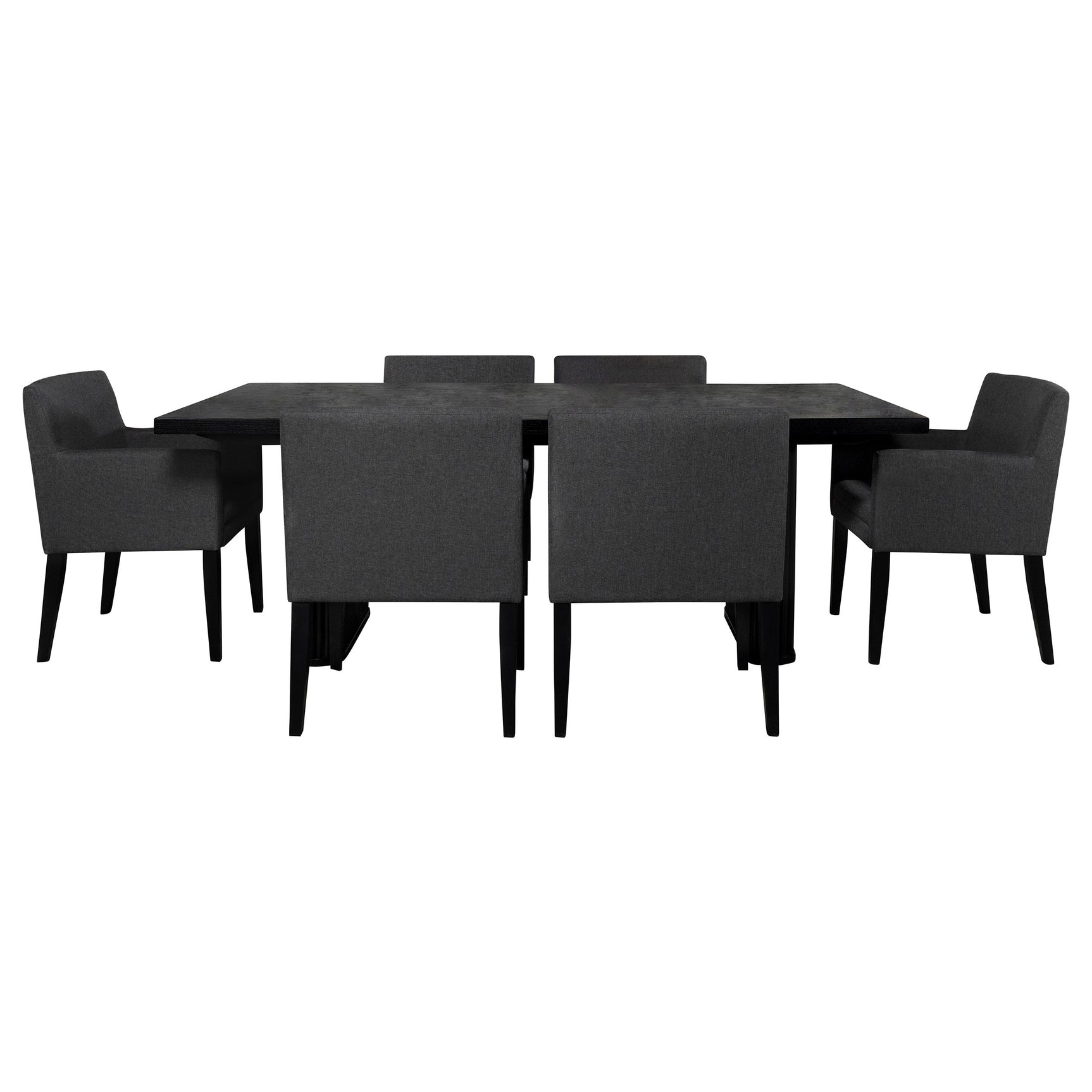 Close-up detail of black finish and chair upholstery on Catherine Dining Set