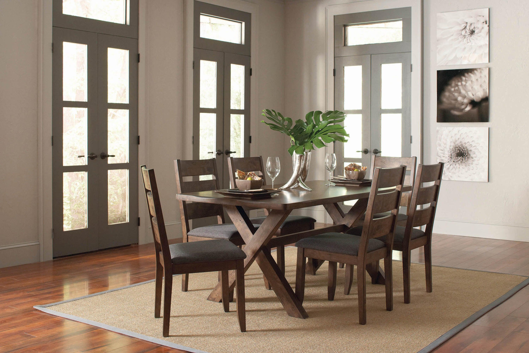 Dining setting featuring Alston Knotty Nutmeg table with chairs