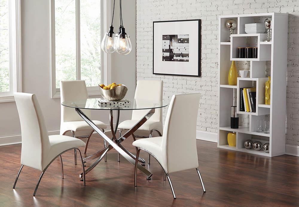 Beckham Round Dining Table with clear glass top and chrome base, angled side view