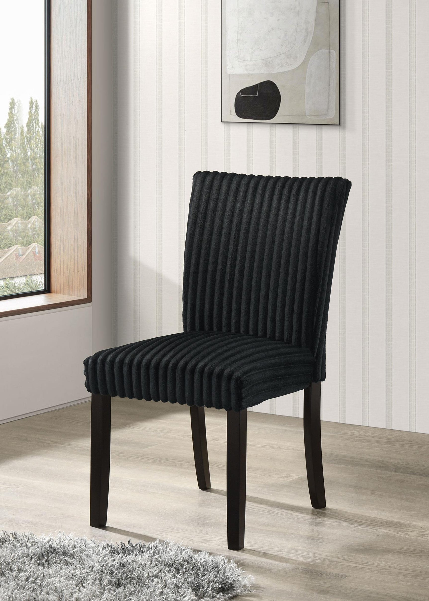 Dermott black parson dining chair side view with visible ribbed upholstery