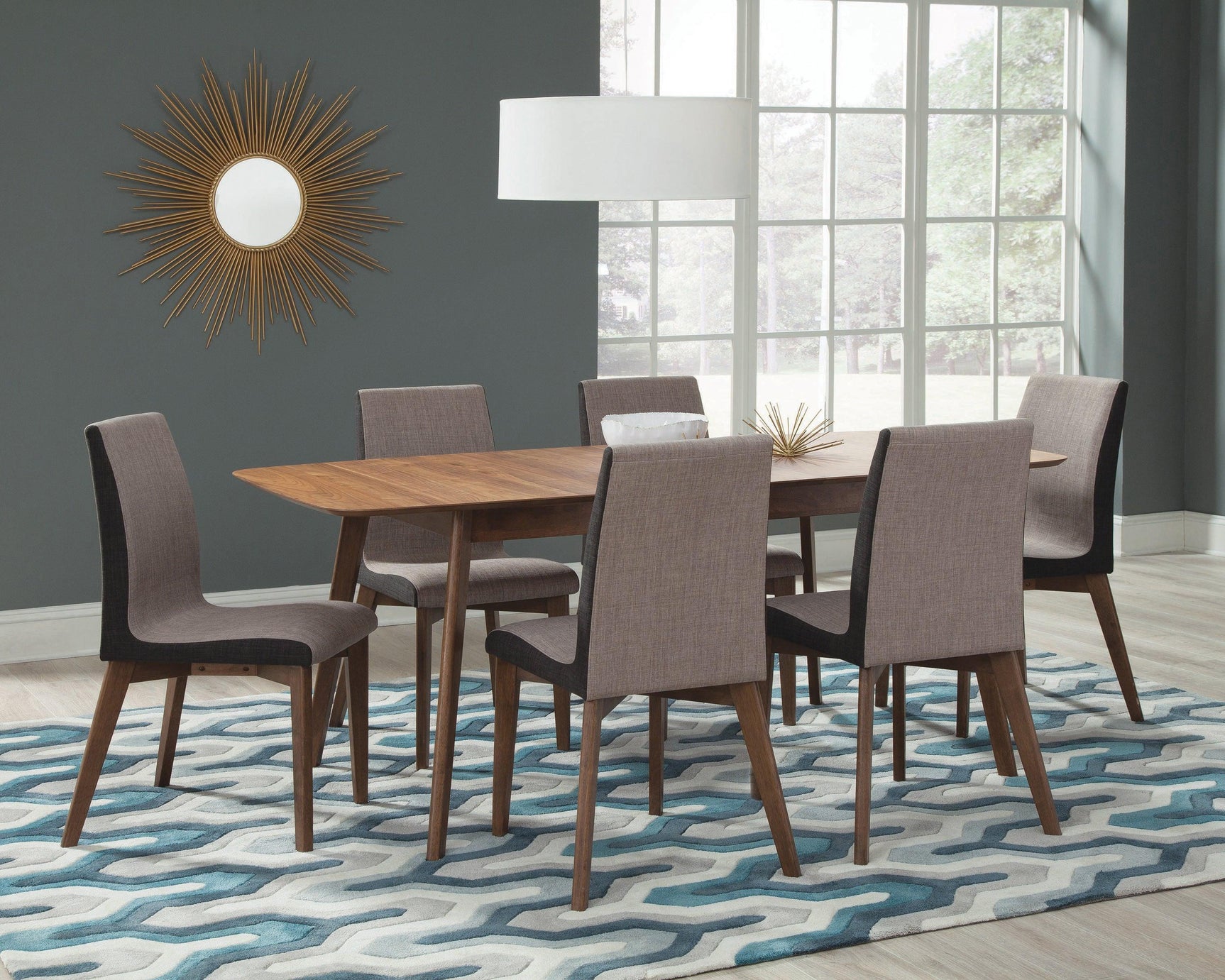 Detailed view of walnut veneer and wood grain on dining table