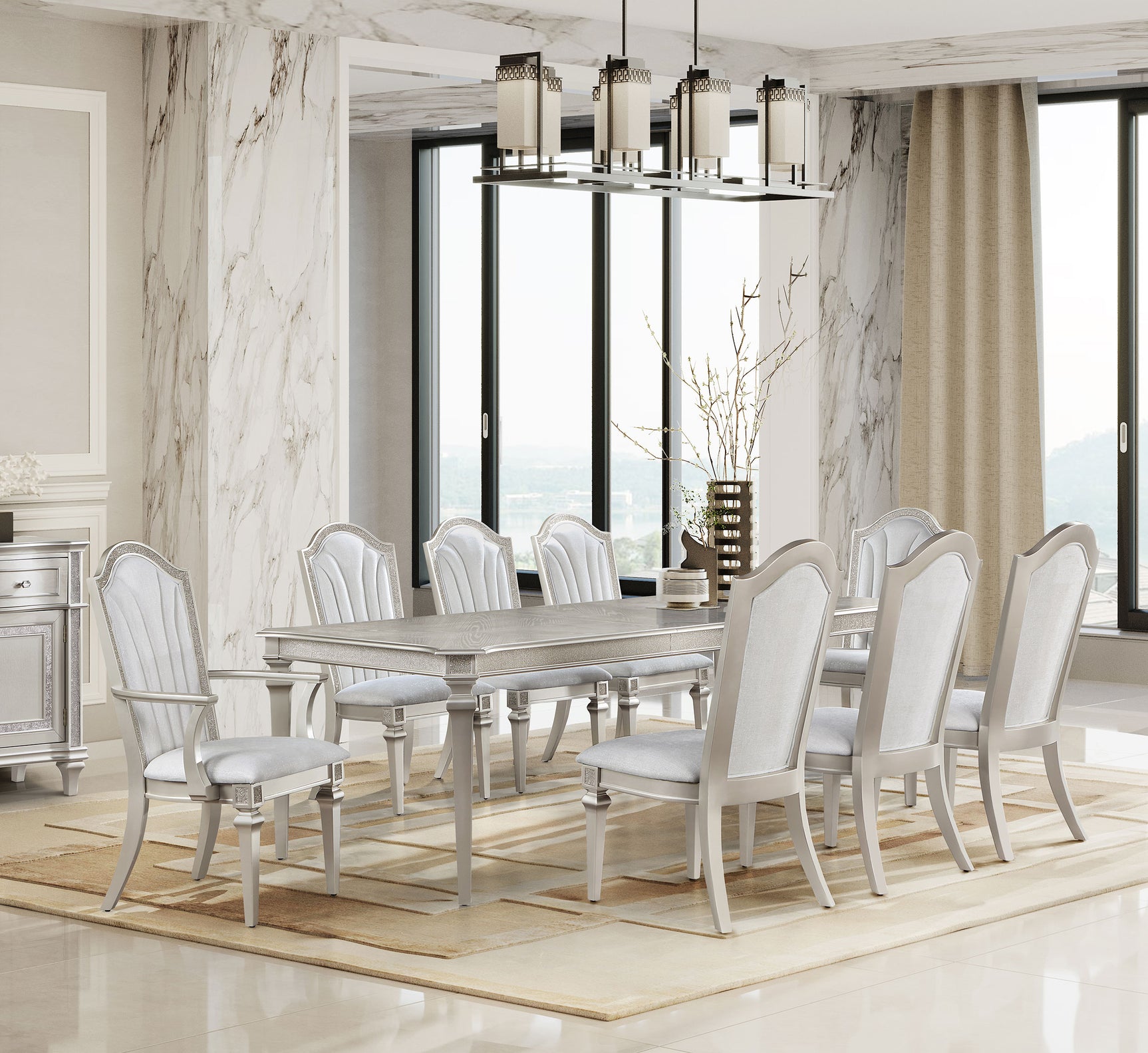 Detail view of table and chairs in Evangeline dining set