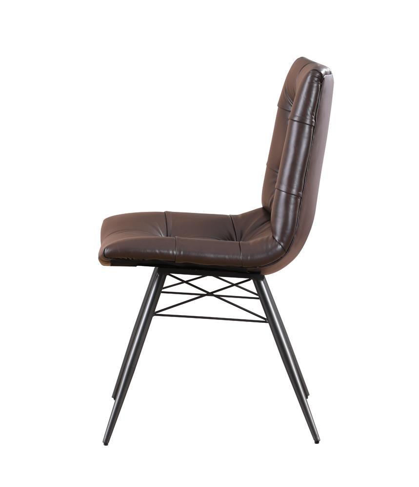 Back view of Aiken brown upholstered dining side chair showing wood legs