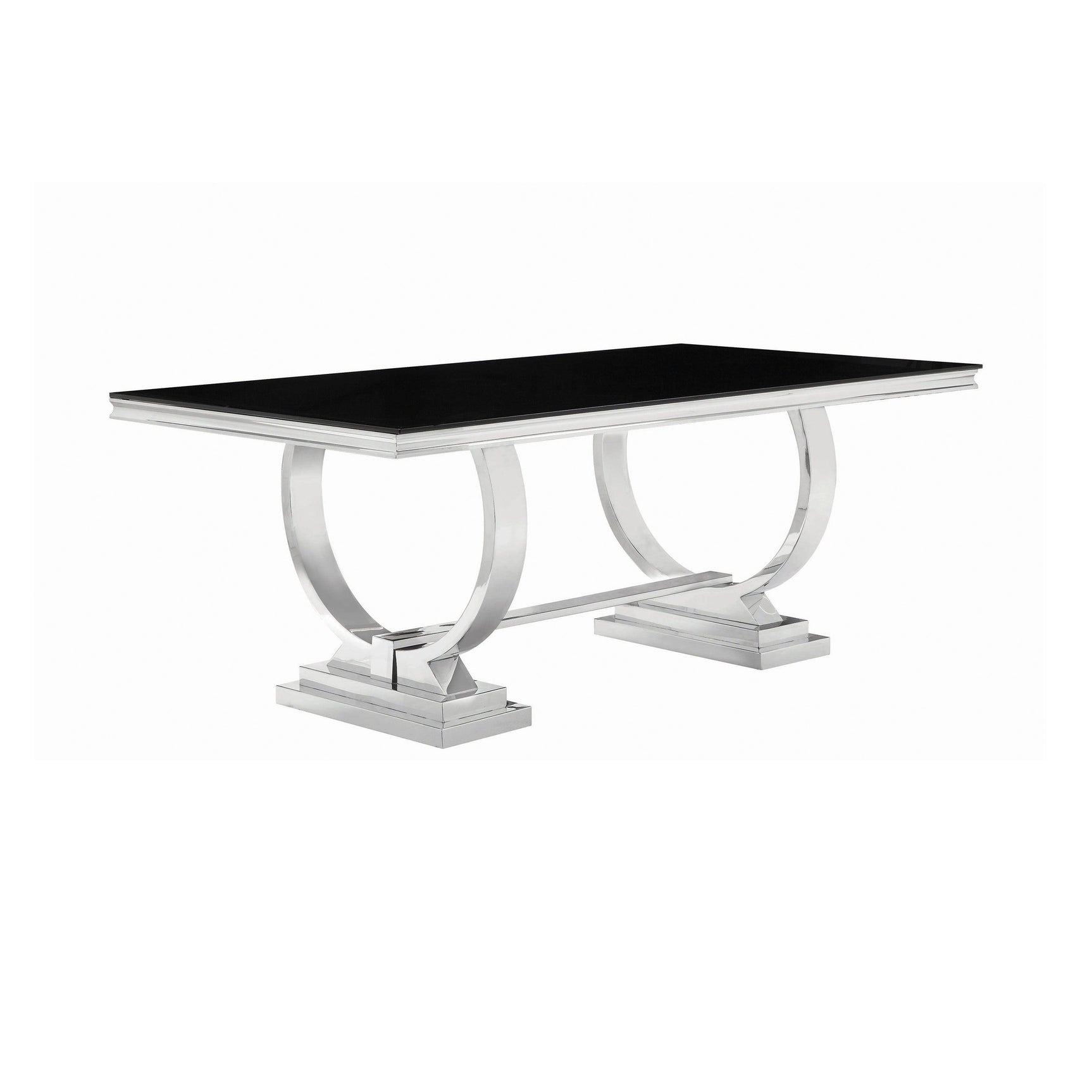 Antoine dining table angled showing circular chrome leg design