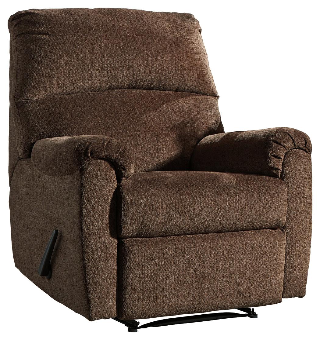 Nerviano Chocolate Chenille Recliner side angle showing manual recline handle