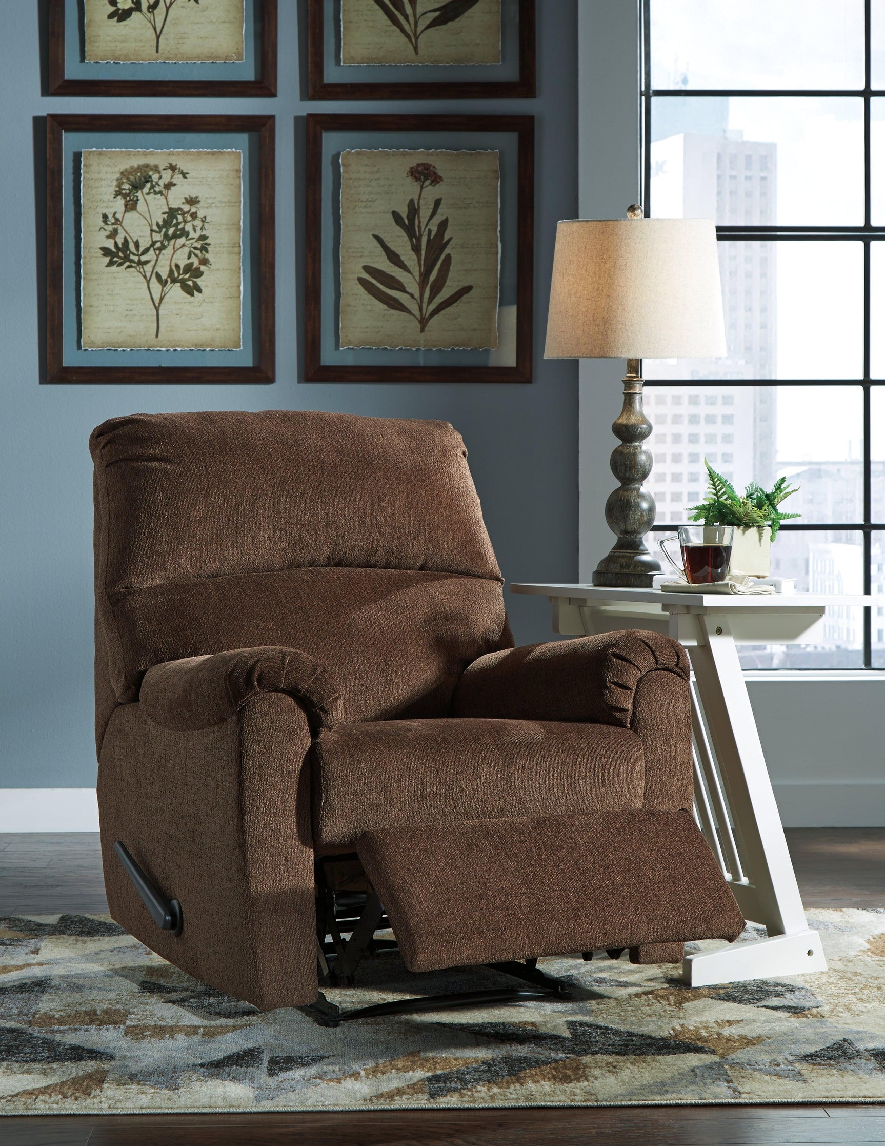 Nerviano Chocolate Chenille Recliner fully reclined side view