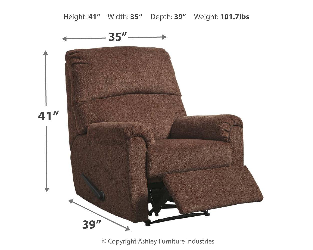 Nerviano Chocolate Chenille Recliner with dimension diagram