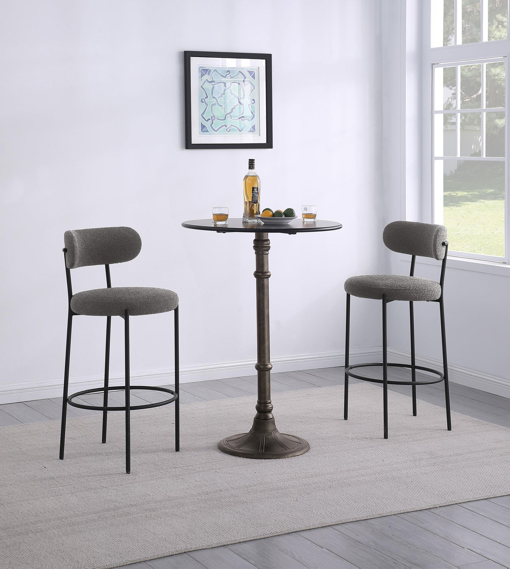 Viola grey boucle upholstered bar stool angled view