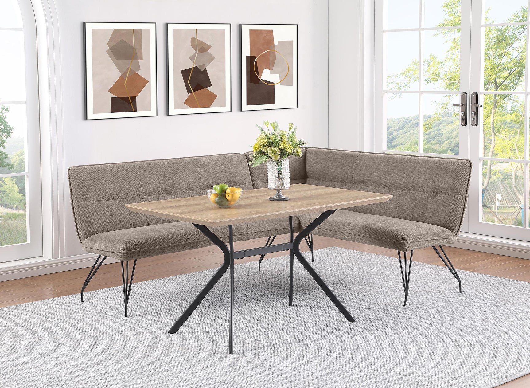 Dodson dining bench side angle showing tufted back and metal legs