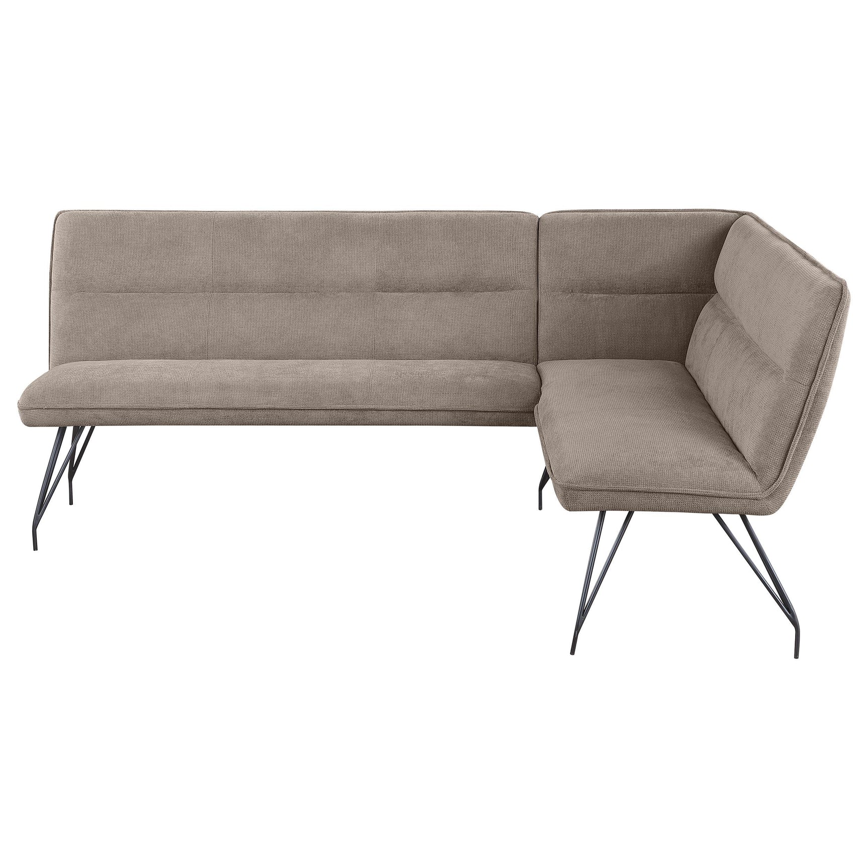 Detail of taupe fabric upholstery and plush foam cushioning