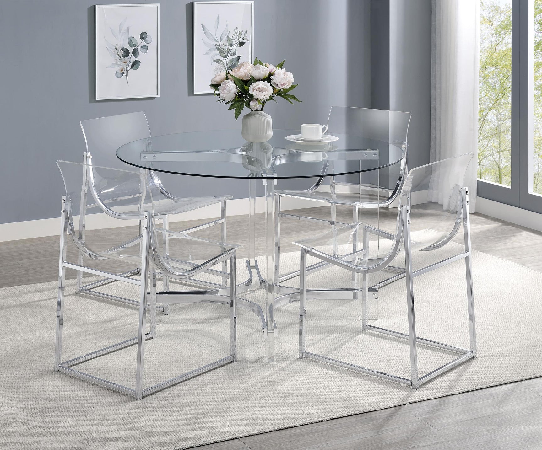Full view of Adino acrylic and chrome dining table