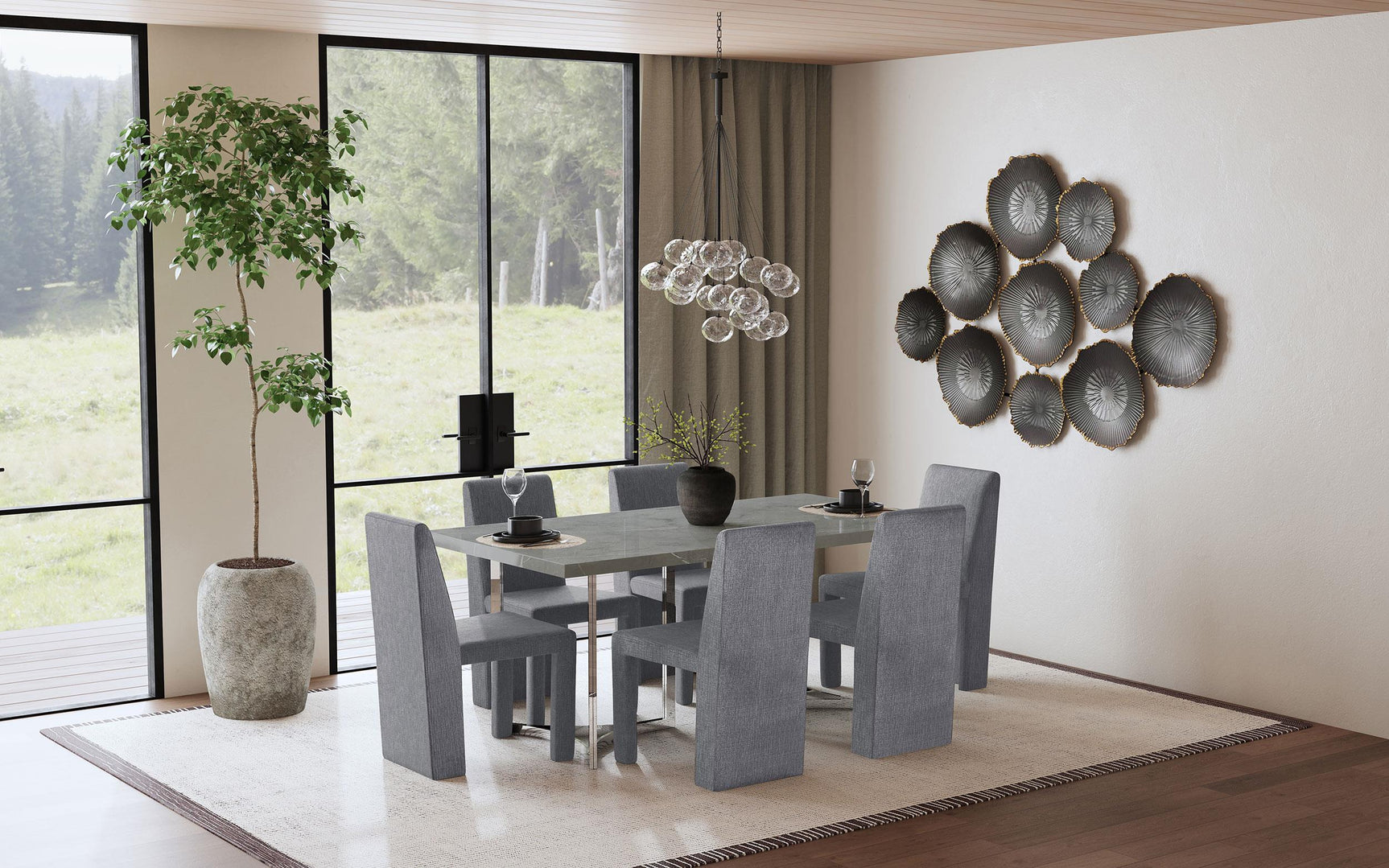 Tordera grey velvet upholstered dining side chair front view