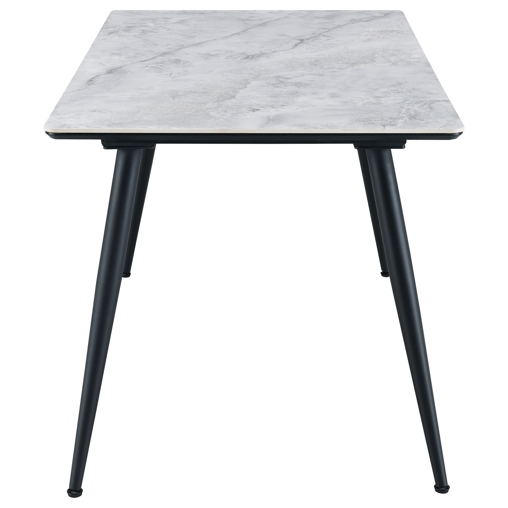 Side view of Dennison Grey dining chairs around table