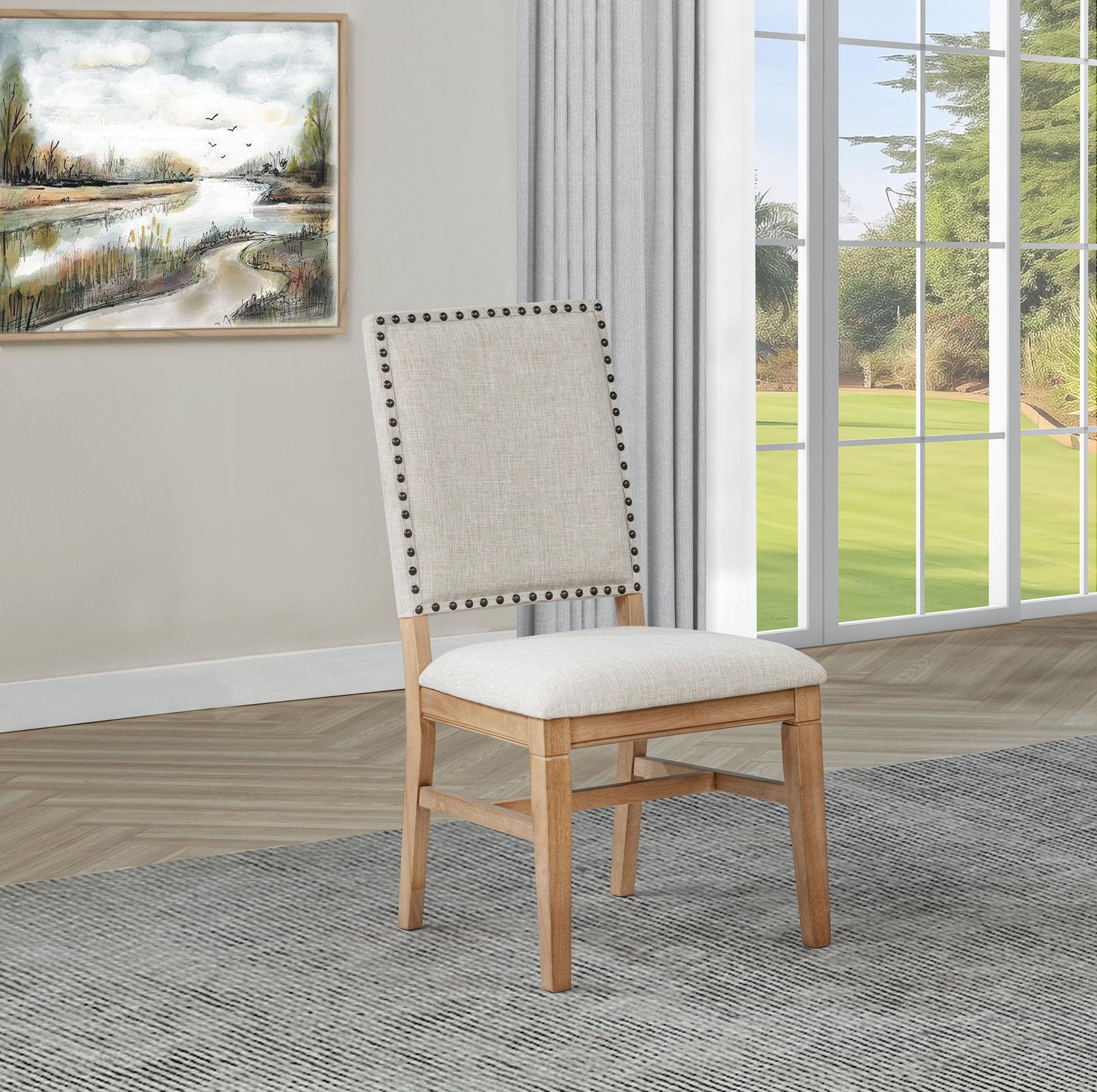 Side profile of Middleton dining side chair with black nailhead trim