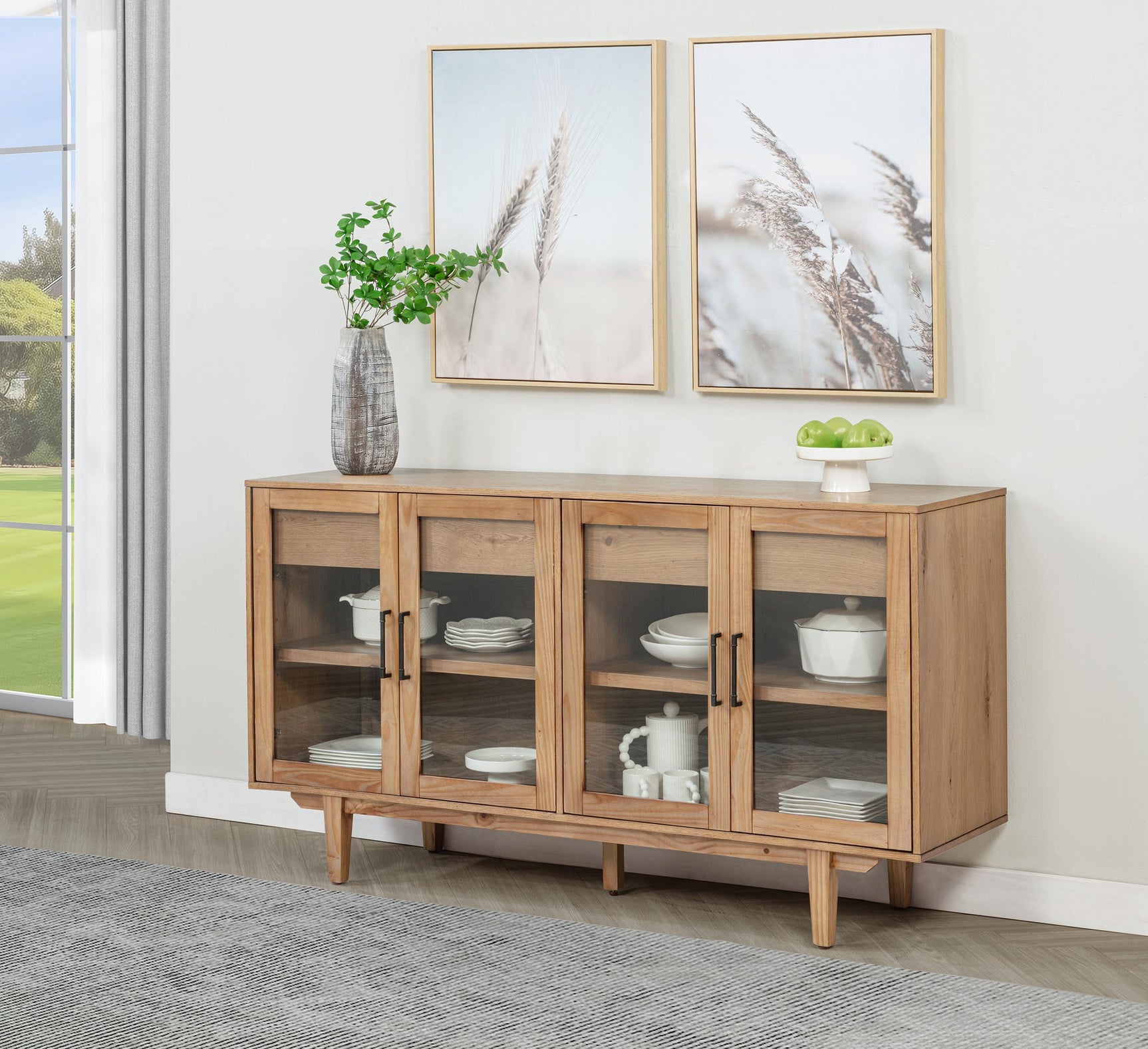 Side view of Middleton natural wood sideboard showing tapered legs