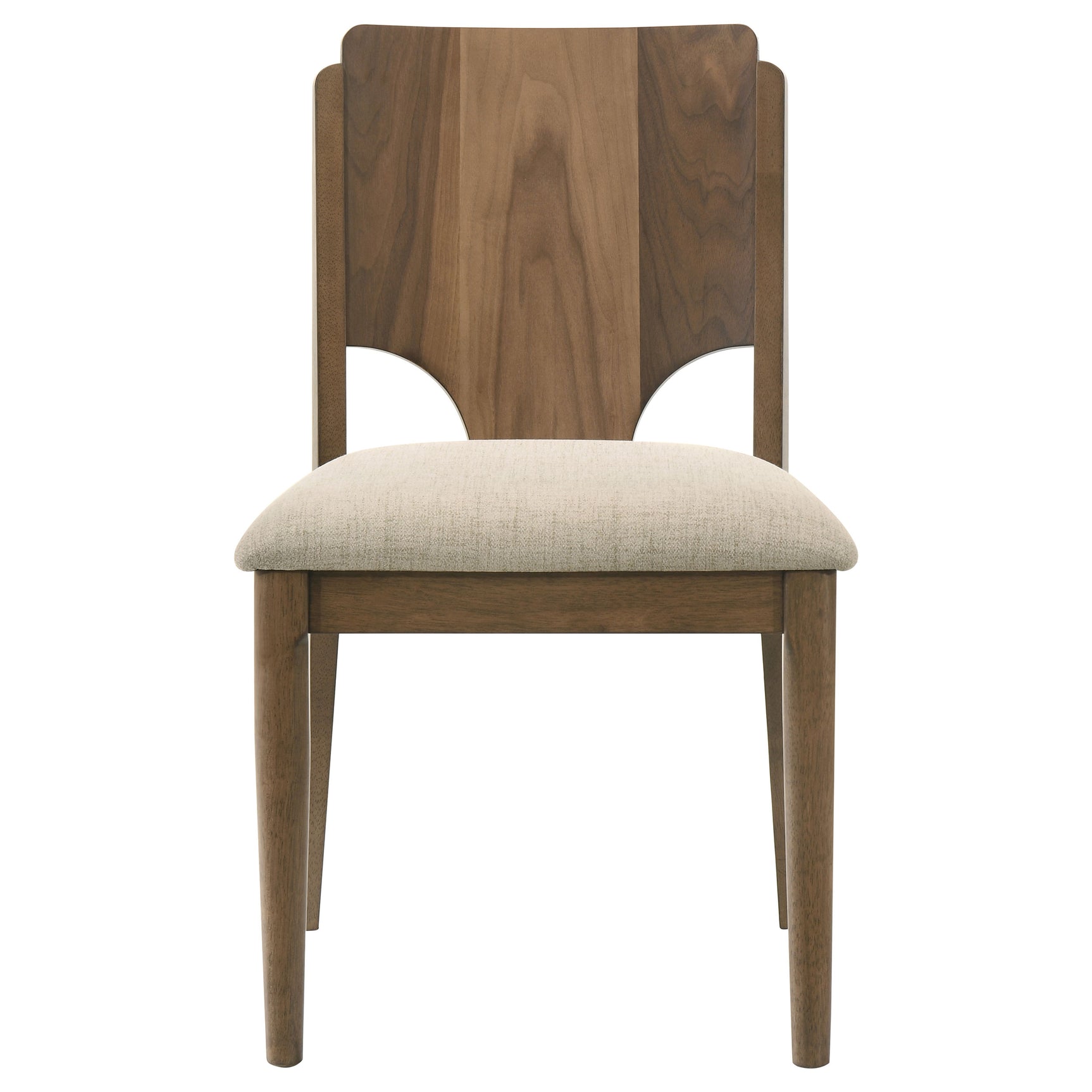 room perspective showing four side chairs around the walnut table
