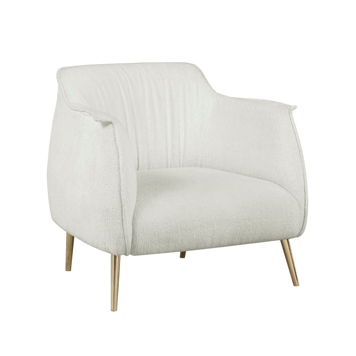 Side view of Rachael White Boucle Accent Chair highlighting flared arms and seatback