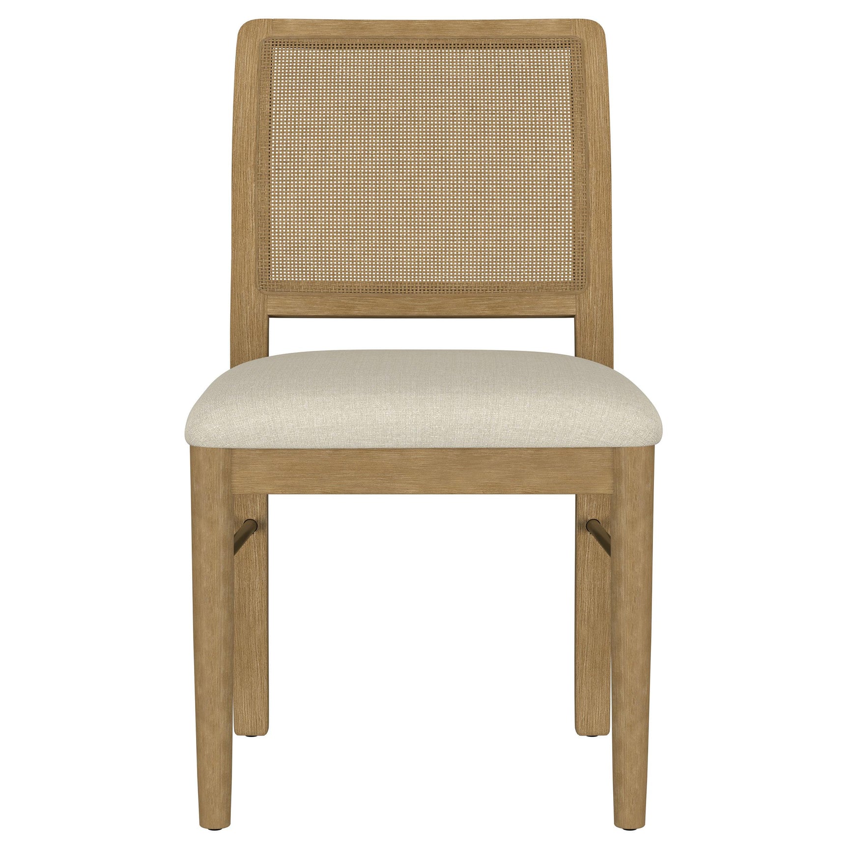 Close-up of beige linen-like upholstered cushion on Arini chair