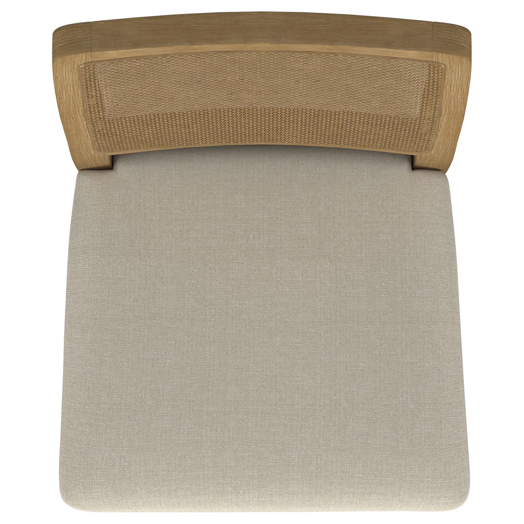 Close detail of fabric seat and wood frame