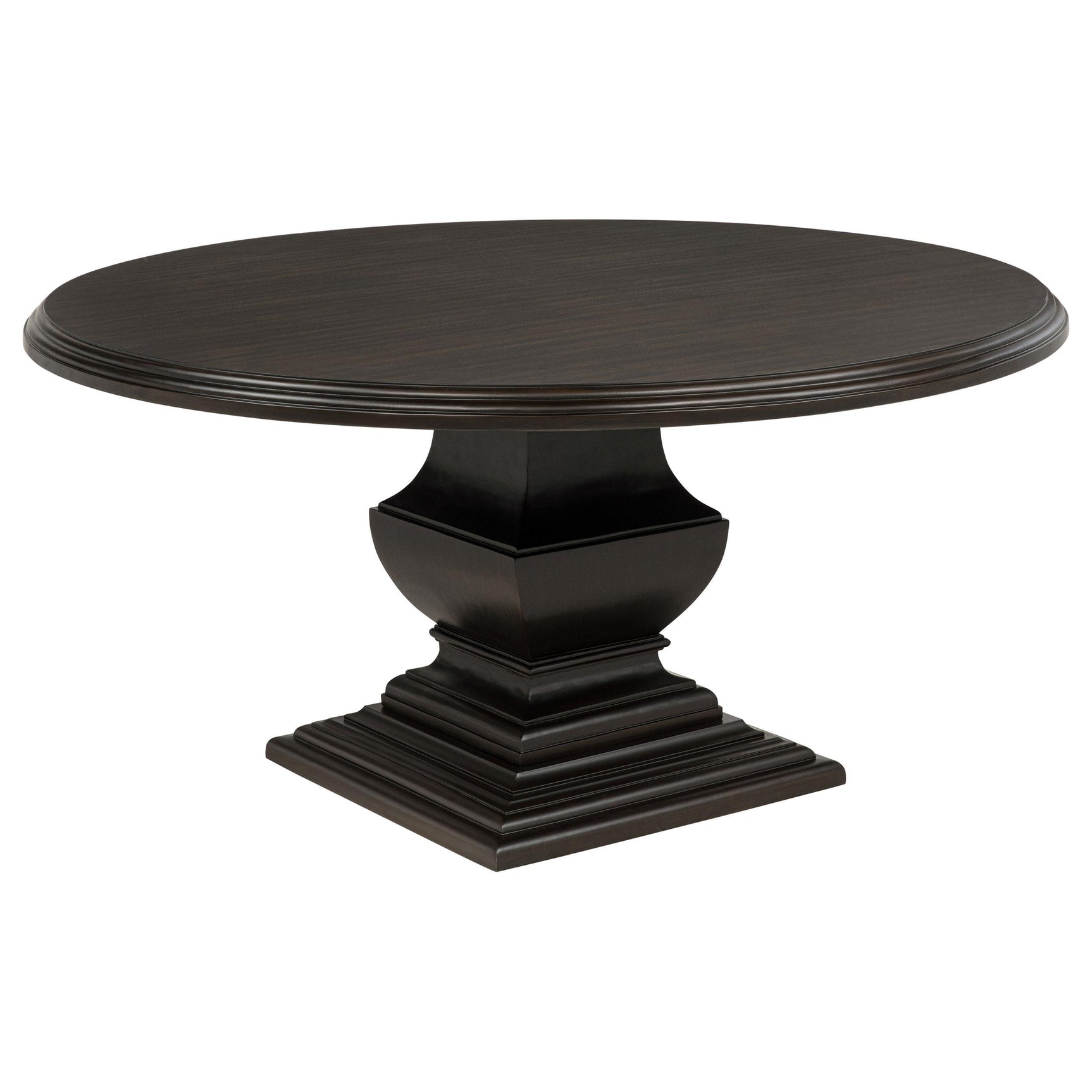 Side angle of Twyla 60-inch round dining table in dark cocoa finish