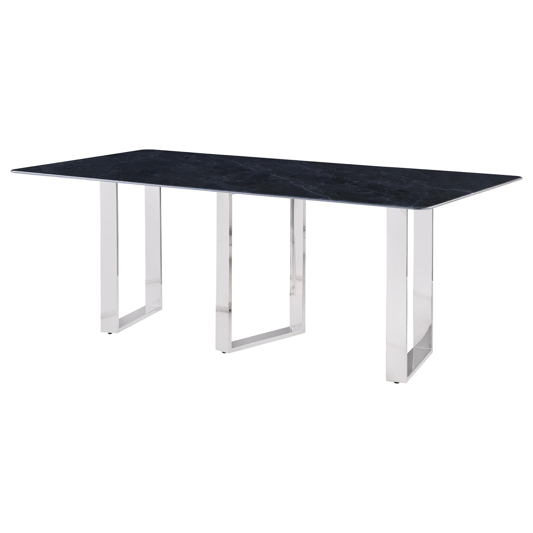 Desden dining table side profile showing metal legs
