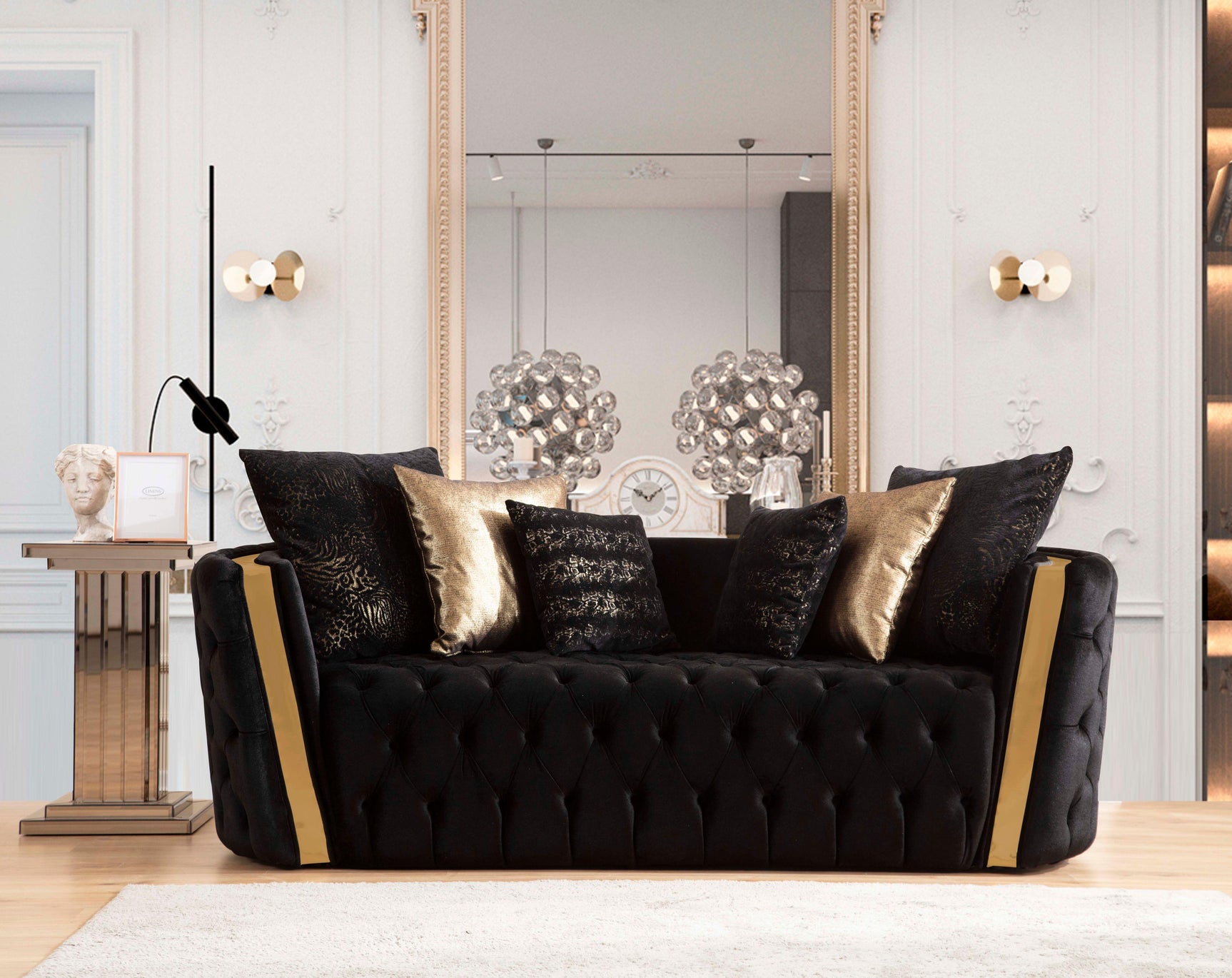 Close-up detail of black velvet upholstery and gold accents on Sofia set