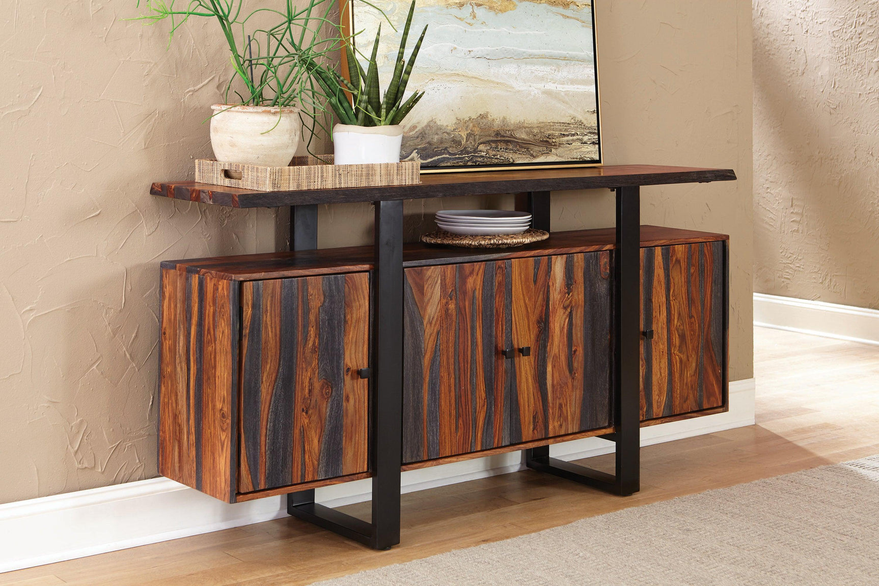 Ditman Live Edge Dining Bench Grey Sheesham and Black - angled shot with wood and metal finish