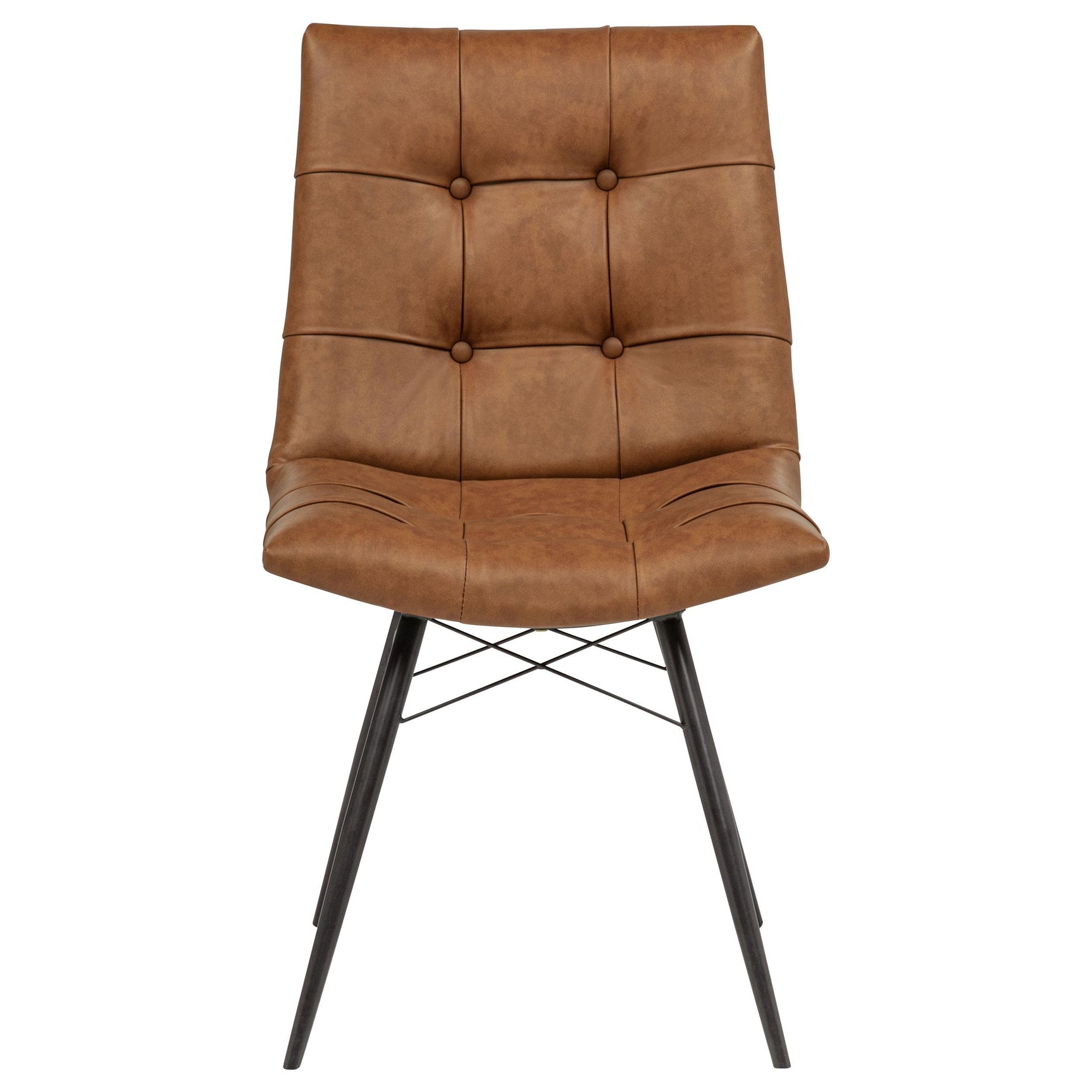 Close-up of saddle brown button tufted upholstery on chair seat