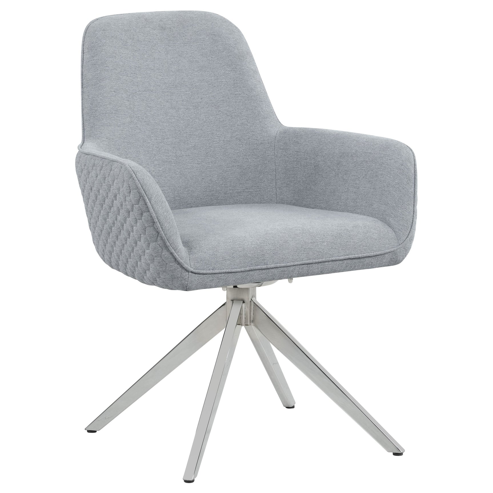 Side view of grey quilted fabric swivel chair with chrome base