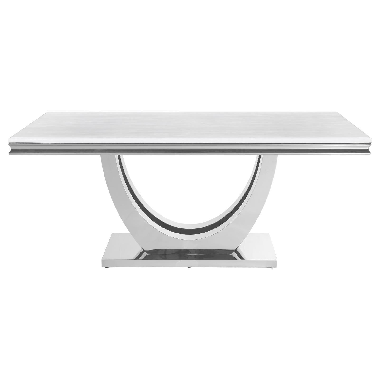 Kerwin dining table close-up of faux marble top and beveled edge