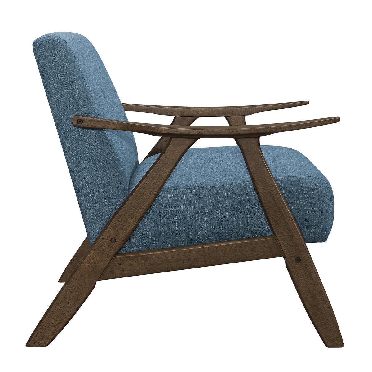 Damala Blue Accent Chair side view highlighting wood frame and swivel base
