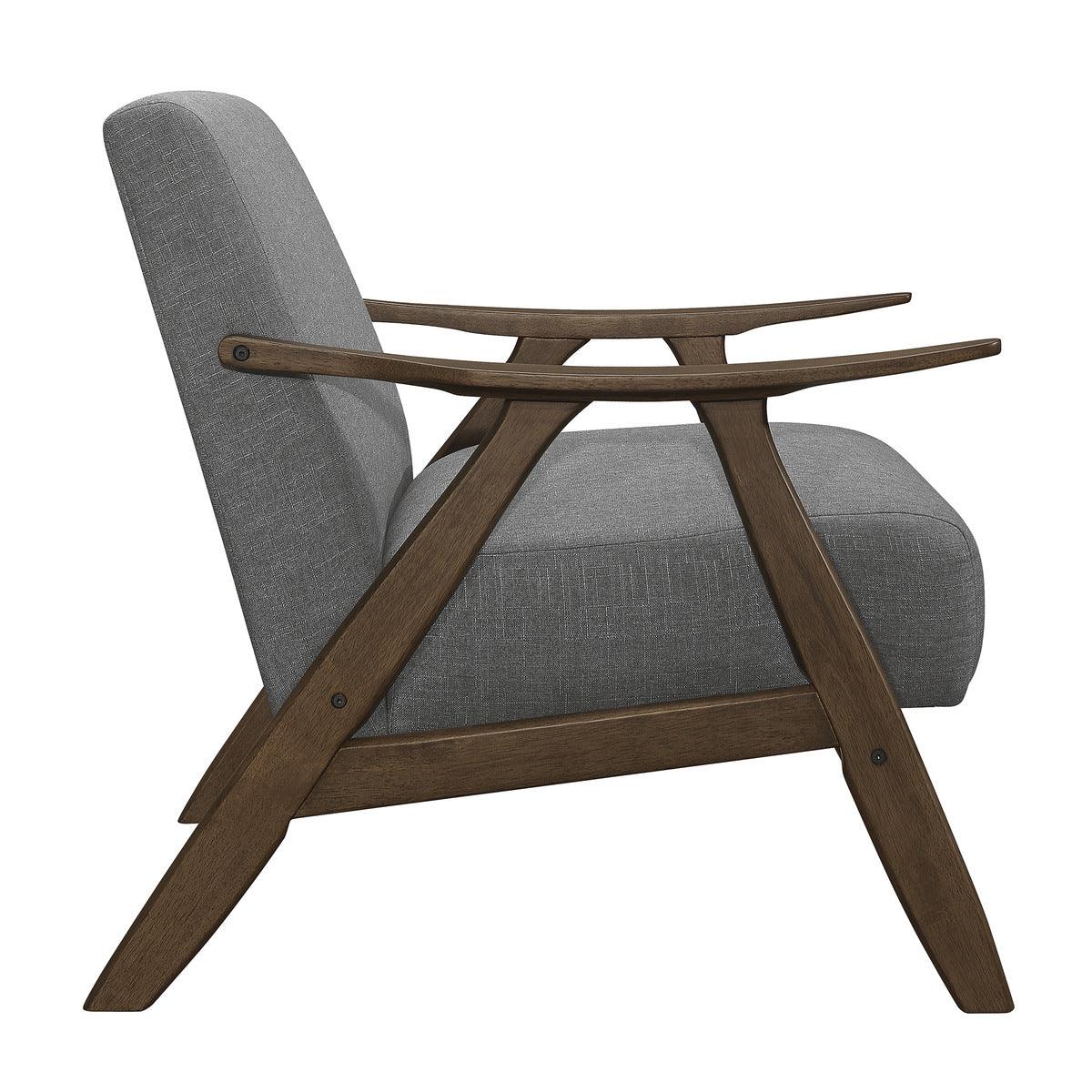 Damala Gray Accent Chair angled view highlighting textured fabric and curved silhouette