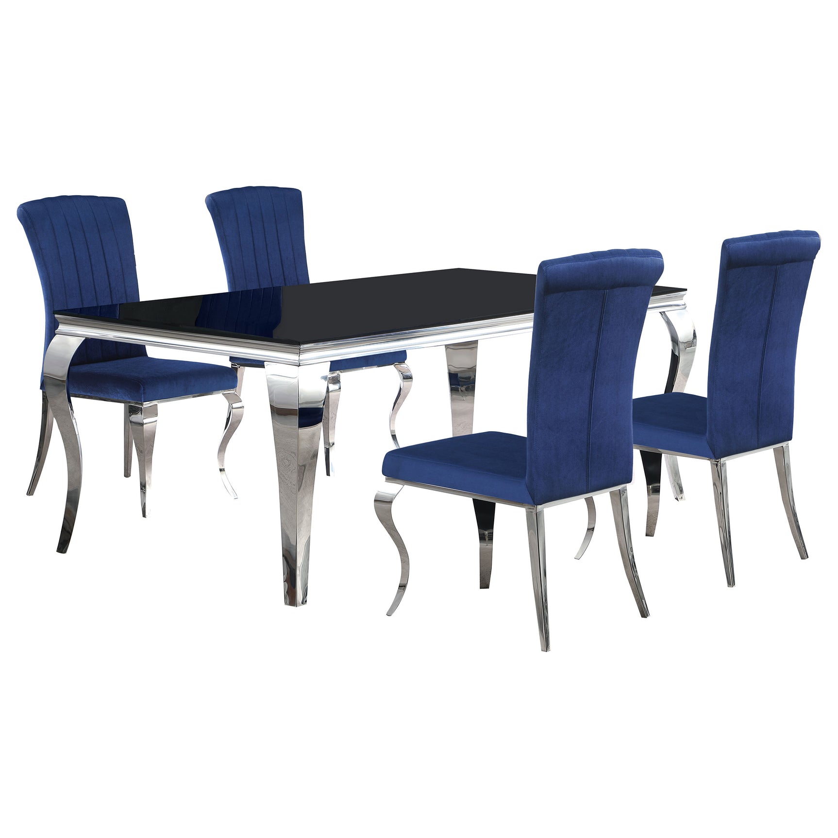 Room setup showing Carone Black Blue glass dining table with chairs