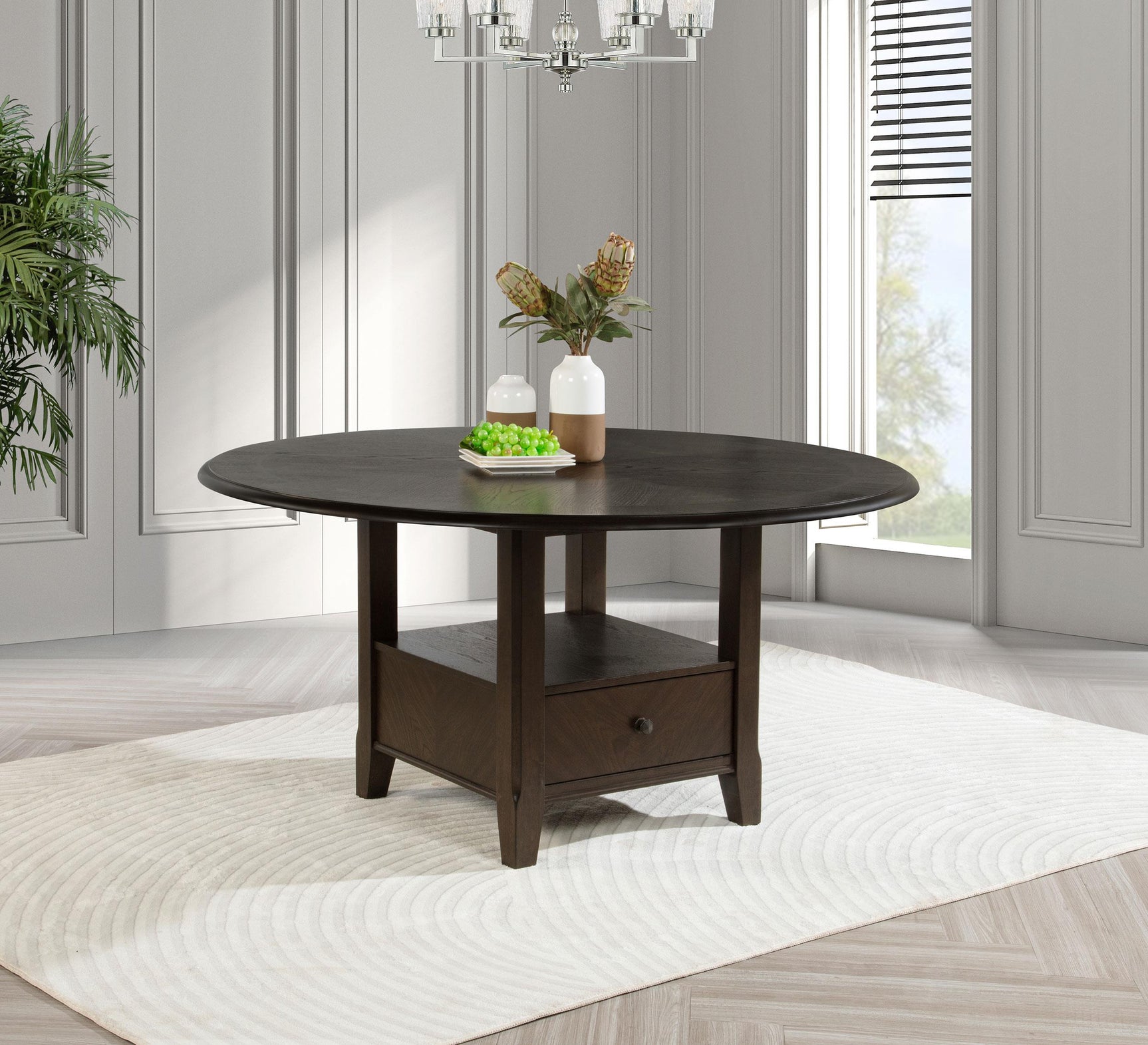 Side view of Twyla round dining table in dark cocoa finish