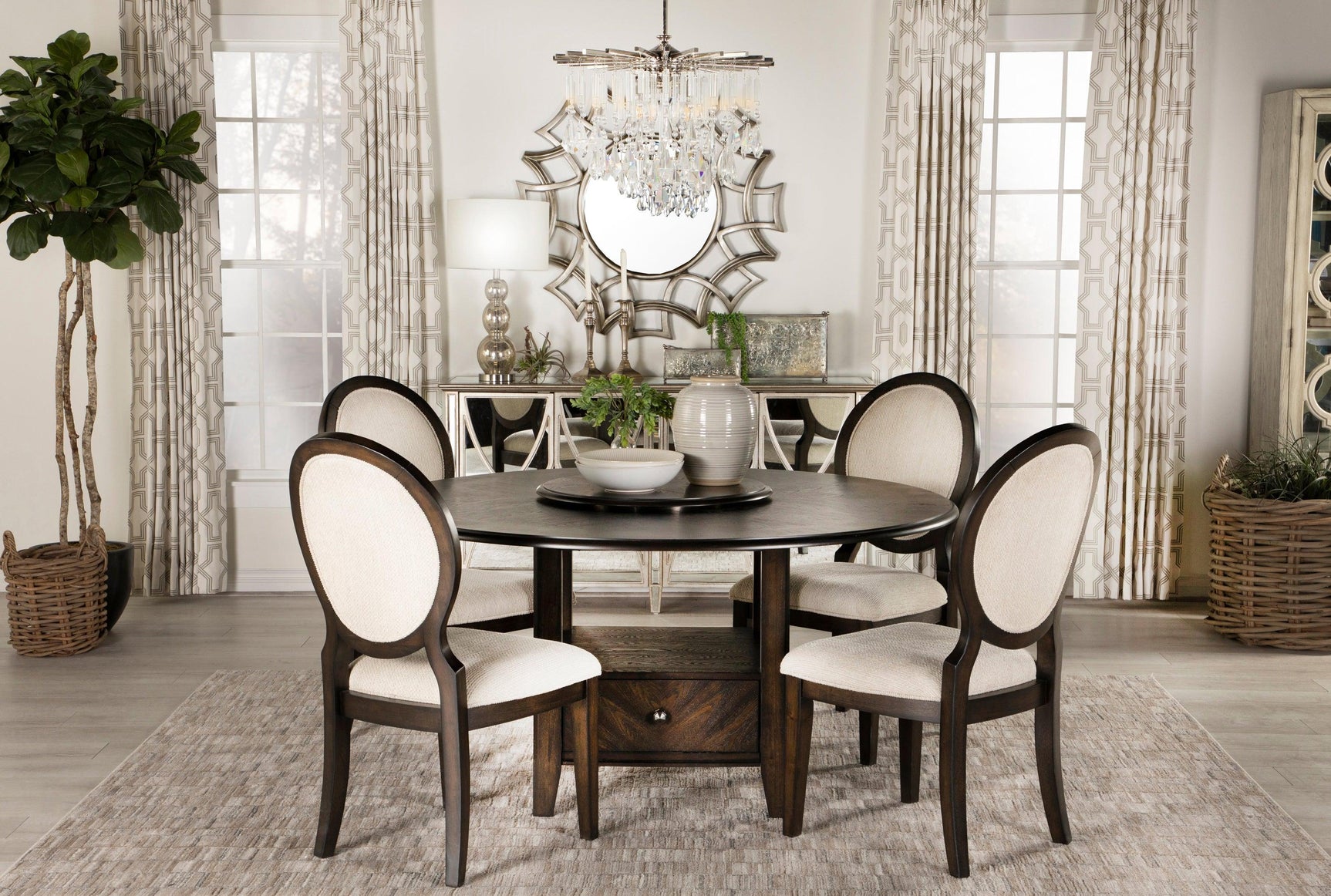 Set of two Twyla Dining Chairs with plush cream cushions and oval backs