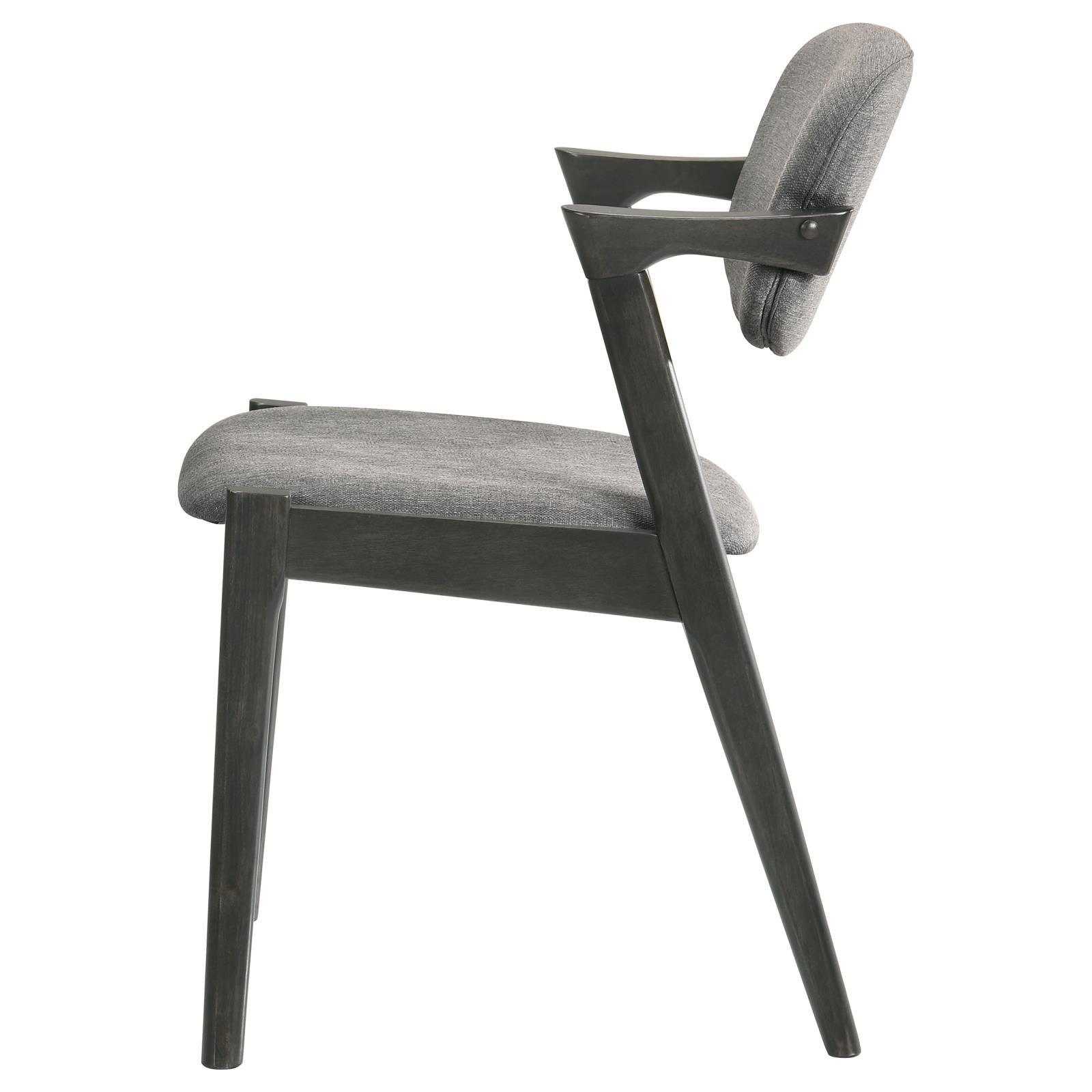 Close up of brown-toned grey fabric and cushioned seat on Stevie side chair