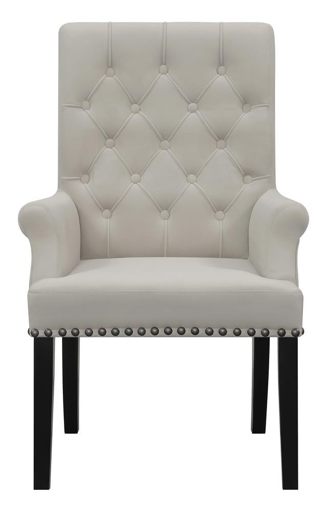 Side view of Alana Upholstered Arm Chair showing rolled arm and tufted back