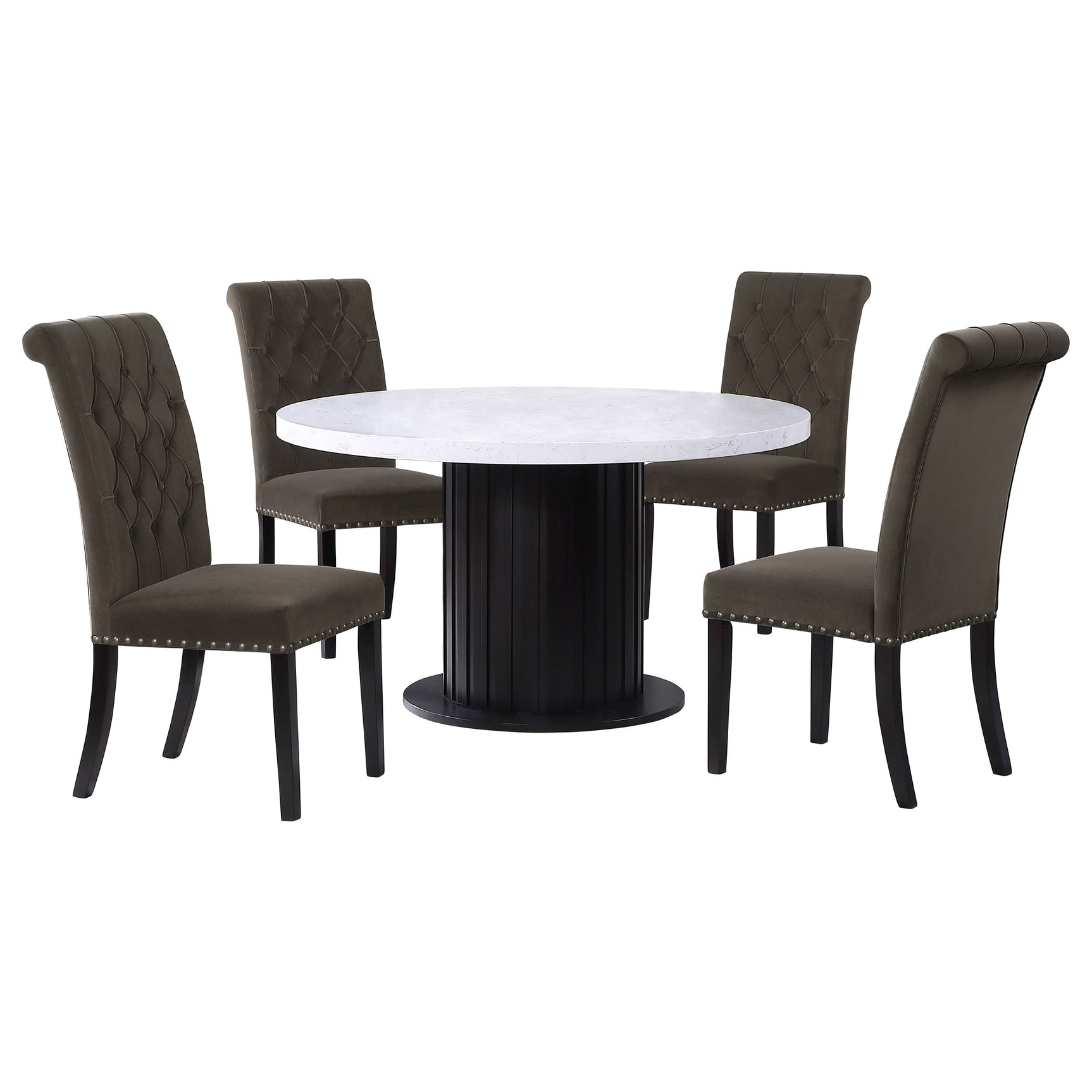 room view of Sherry Brown round marble top dining room set