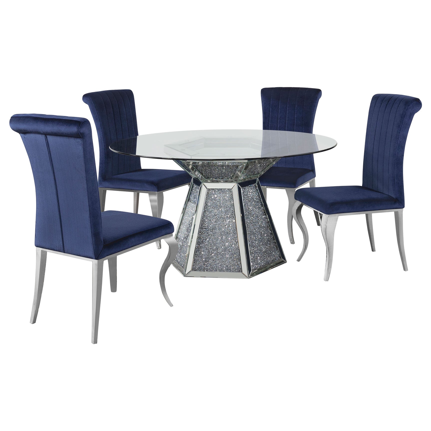 Quinn Ink Blue Round Glass Top Mirrored Dining Room Set room view
