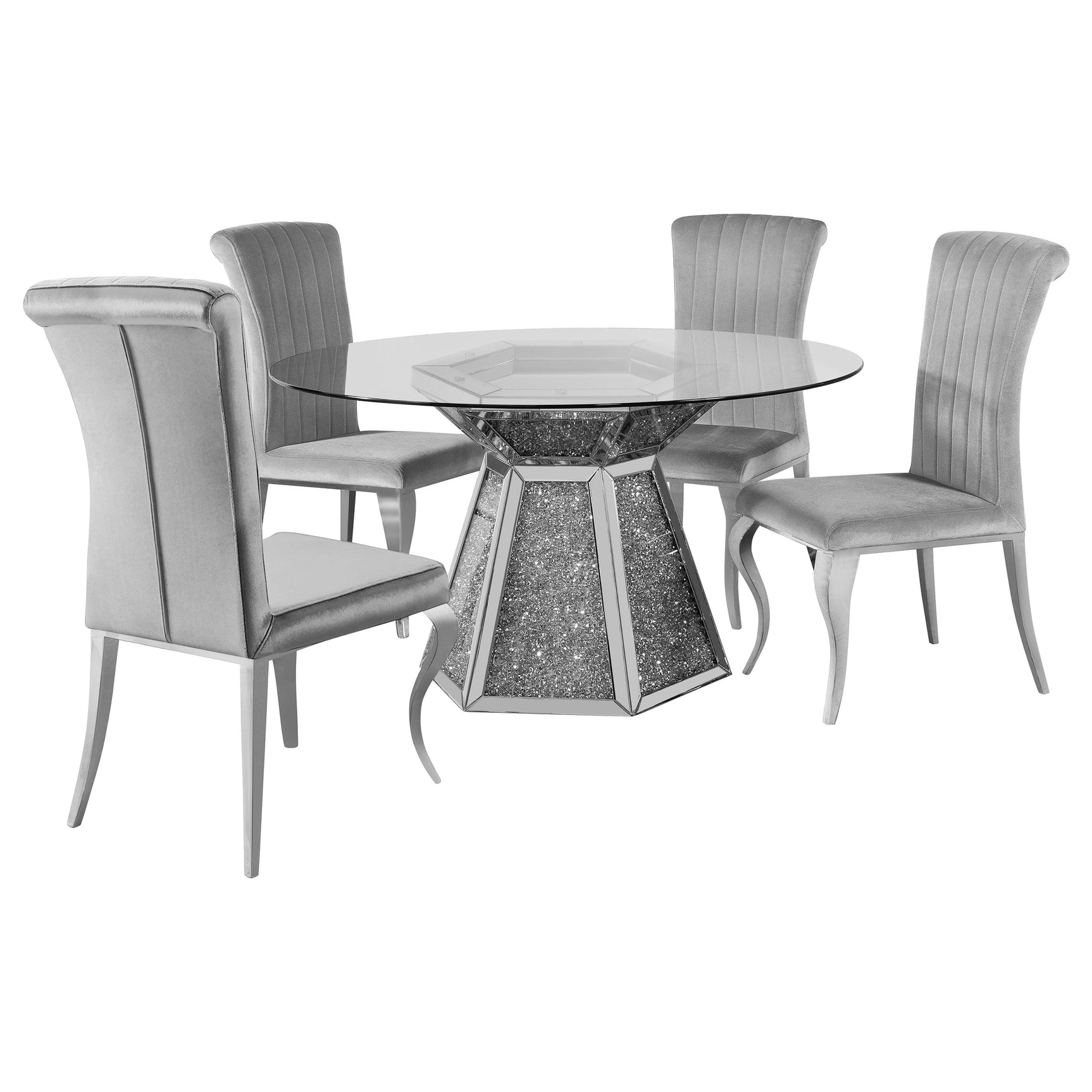 Quinn Gray Round Glass Top Mirrored Dining Room Set room view