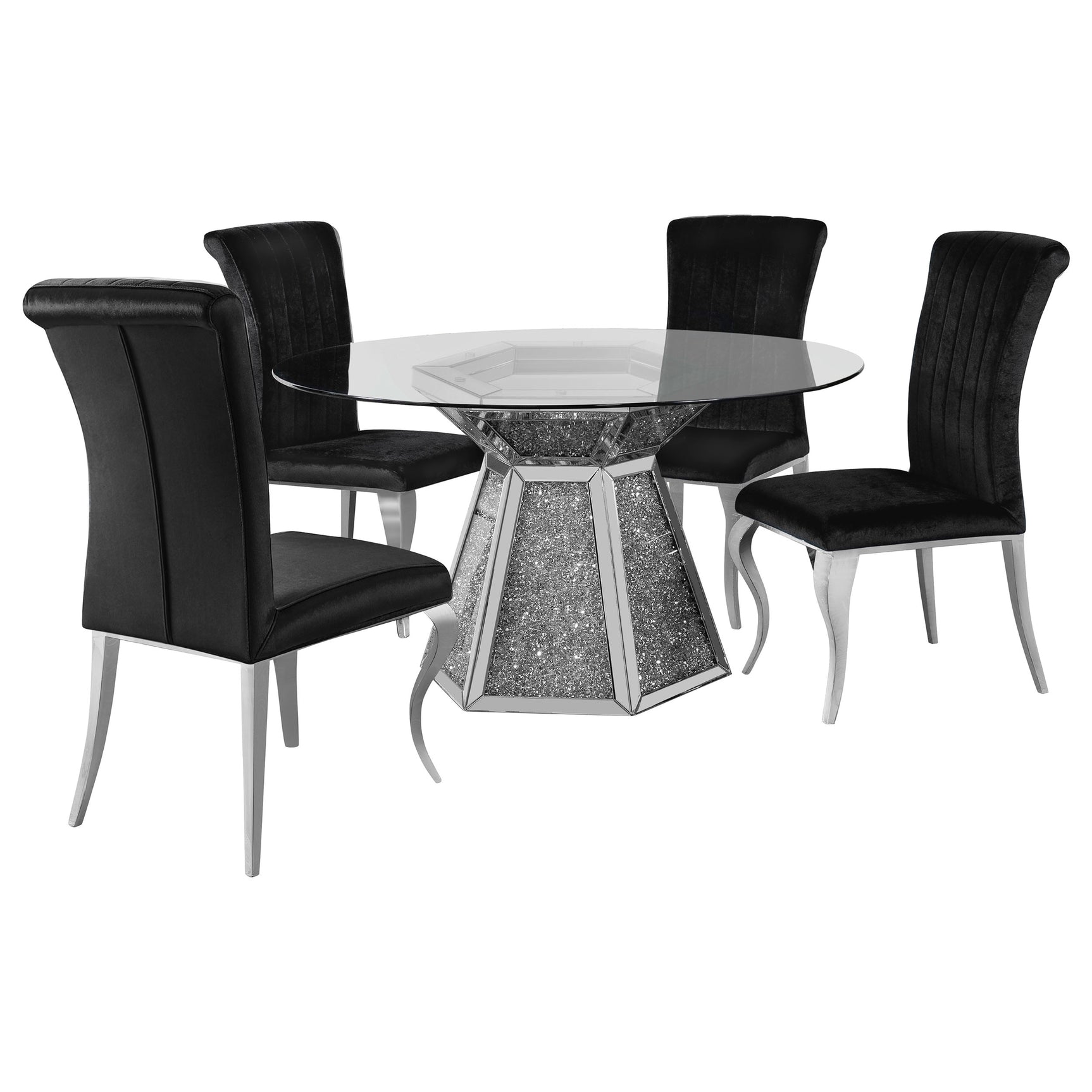 Dining room view of Quinn black round glass top dining set with four chairs