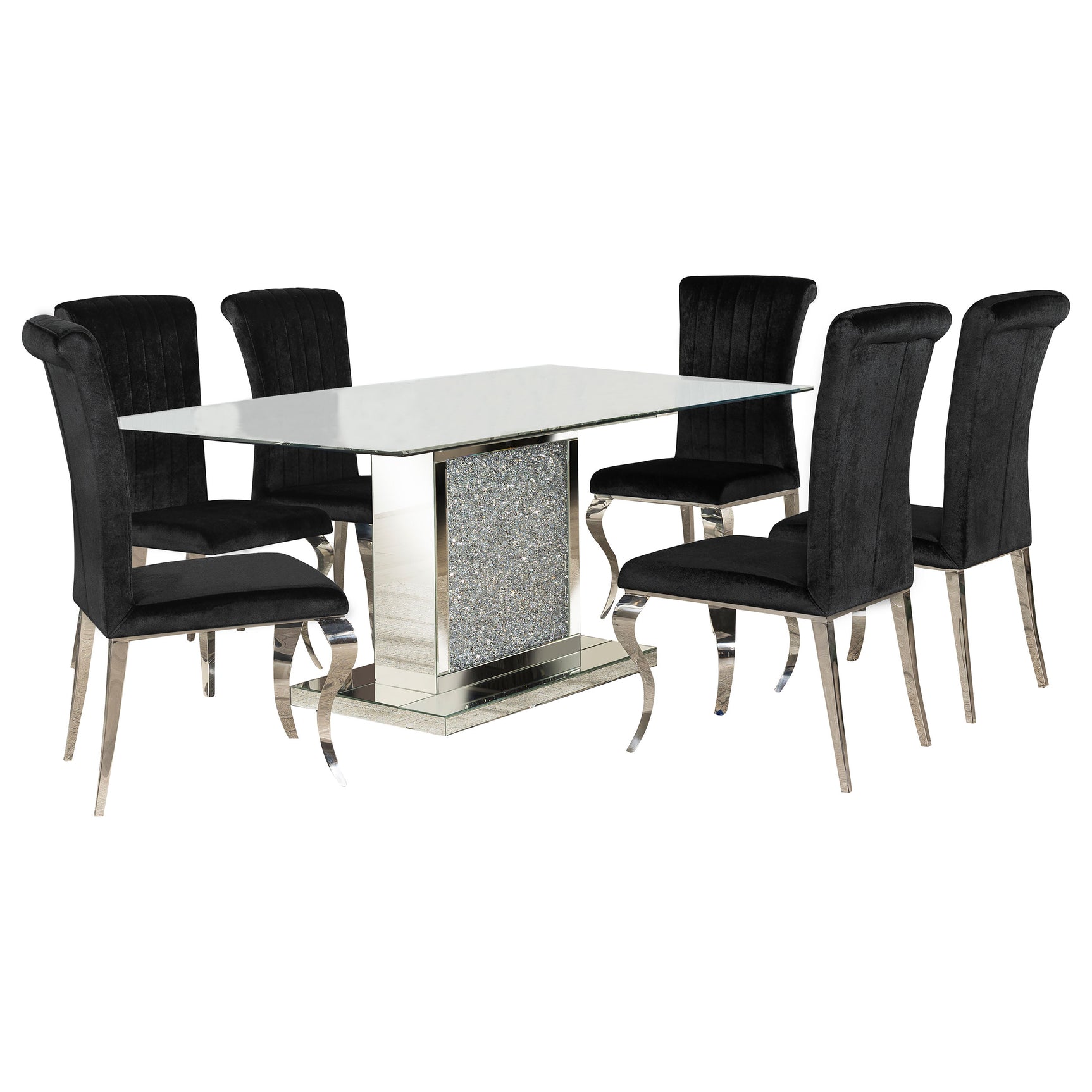 Dining room view of Marilyn Black Mirrored Dining Room Set with 4 chairs
