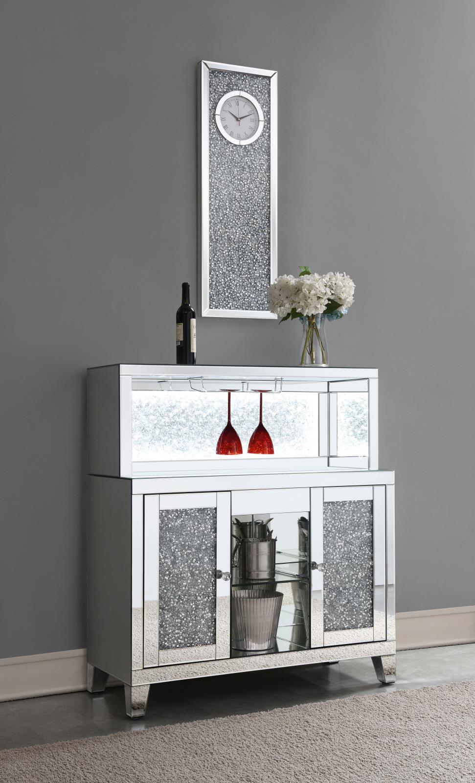 Yvaine wine cabinet front view showing mirrored acrylic doors