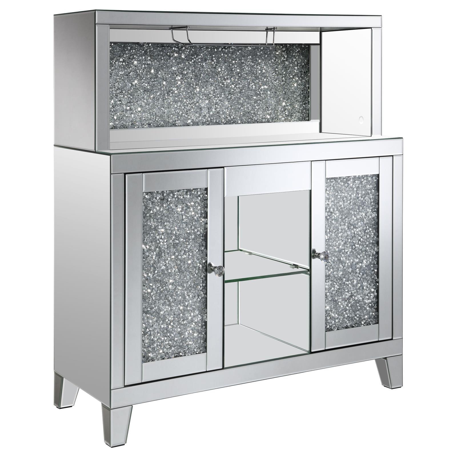 Side view of Yvaine wine cabinet highlighting silver finish