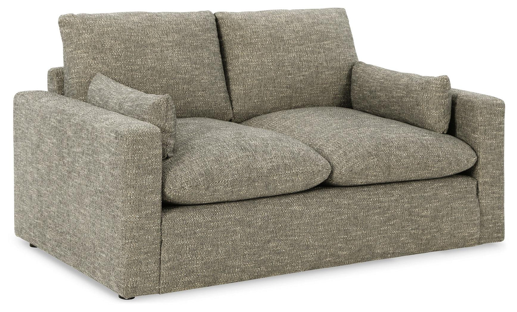Dramatic Granite Chenille Loveseat side angle showing arm bolster pillow