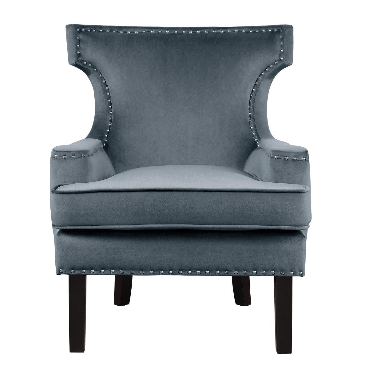 Lapis Gray velvet upholstered accent chair front view